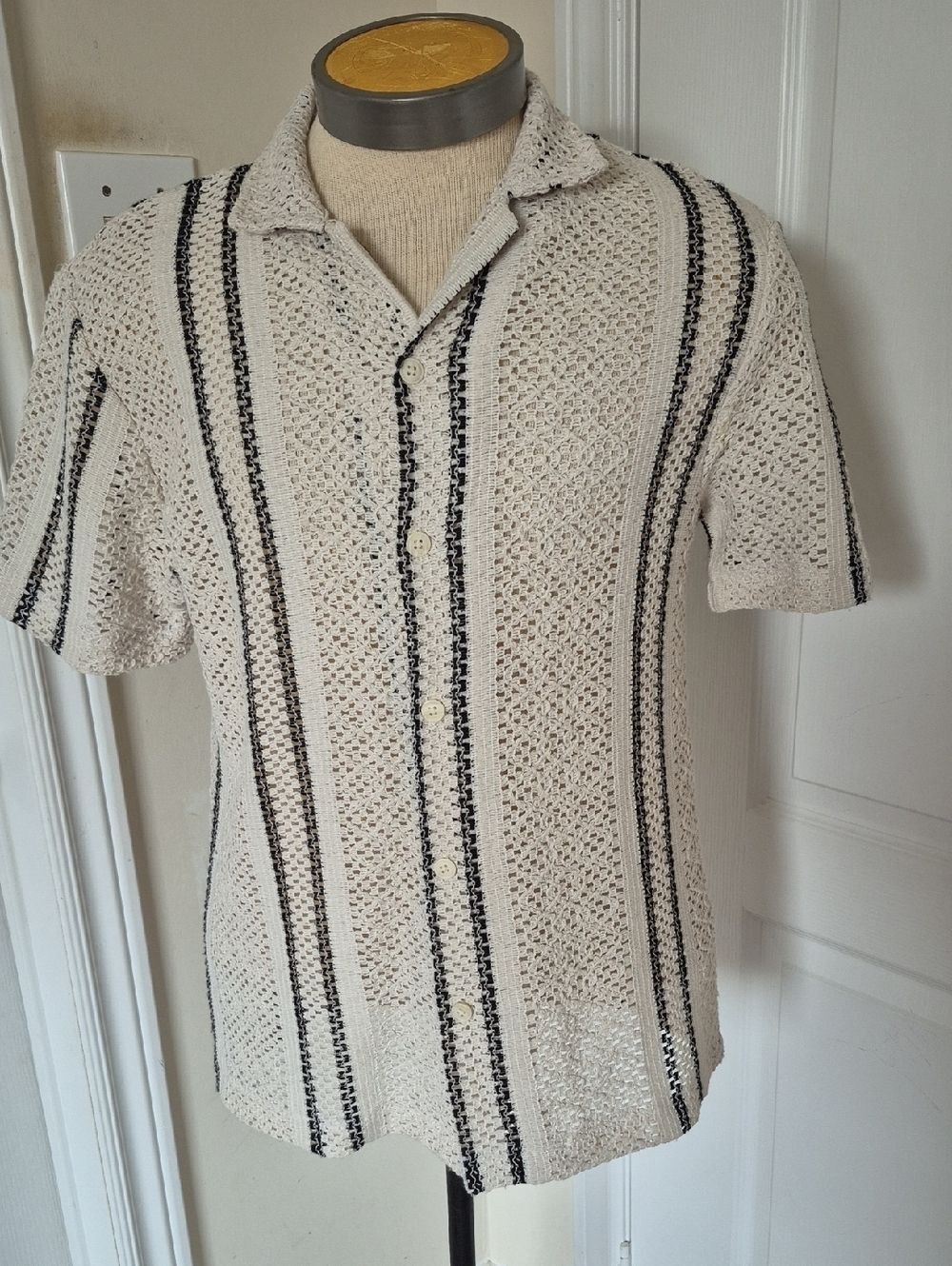 Men's Cream Short-Sleeve Crochet Button-Down Shirt with Black Stripes
